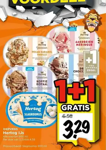 Vomar Voordeelmarkt Hertog ijs 1+1 gratis aanbieding