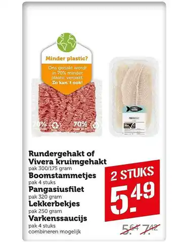 Coop Rundergehakt of vivera kruimgehakt, boomstammetjes, pangasiusfilet, lekkerbekjes, varkenssaucijs aanbieding