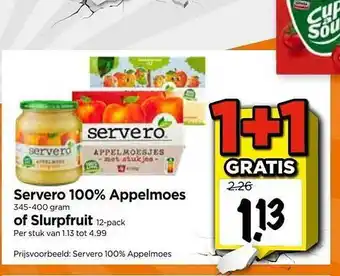 Vomar Voordeelmarkt Servero 100% appelmoes of slurpfruit 1+1 gratis aanbieding