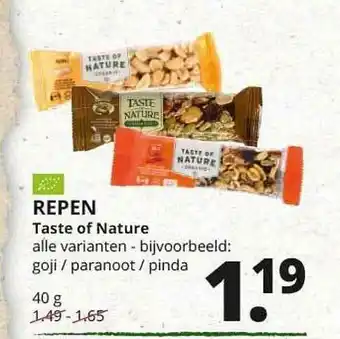 Natuurwinkel Repen taste of nature 40 gram aanbieding