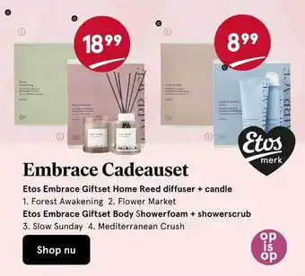 Etos Etos embrace giftset home reed diffuser + candle of etos embrace giftset body showerfoam + showerscrub aanbieding