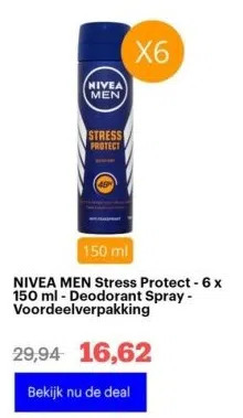 Bol.com Nivea men stress protect - 6 x 150 ml - deodorant spray - voordeelverpakking aanbieding