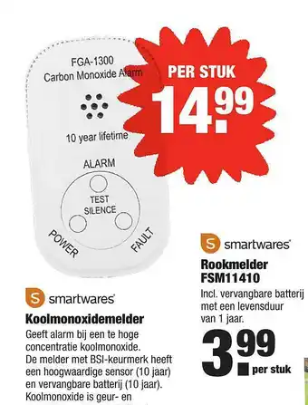 ALDI Smartwares Koolmonoxidemelder Of Rookmelder FSM11410 aanbieding