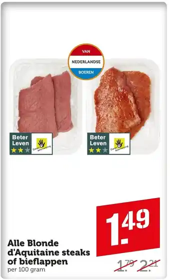 Coop Alle blonde d'aquitaine steaks of bieflappen 100 gram aanbieding