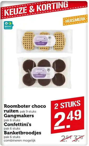 Coop Roomboter choco ruiten, Gangmakers, Confettini's, Banketbroodjes 2 stuks aanbieding