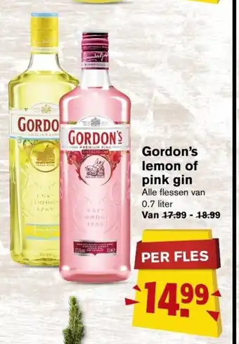 Hoogvliet Gordon's lemon of pink gin 0.7 liter aanbieding