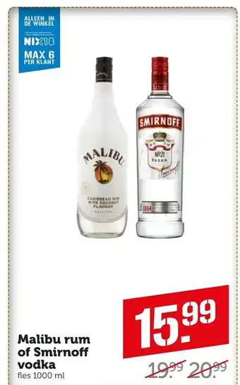 Coop Malibu rum of Smirnoff vodka 1000 ml aanbieding