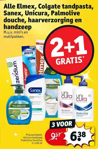 Kruidvat Alle Elmex, Colgate tandpasta, Sanex, Unicura,Palmolive douche, haarverzorging en handzeep 2+1 gratis aanbieding