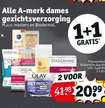 Kruidvat Alle A-merk dames gezichtsverzorging 1+1 gratis aanbieding