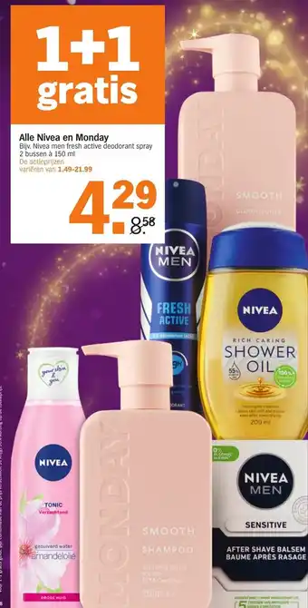 Albert Heijn Alle Nivea en Monday 150 ml 1+1 gratis aanbieding