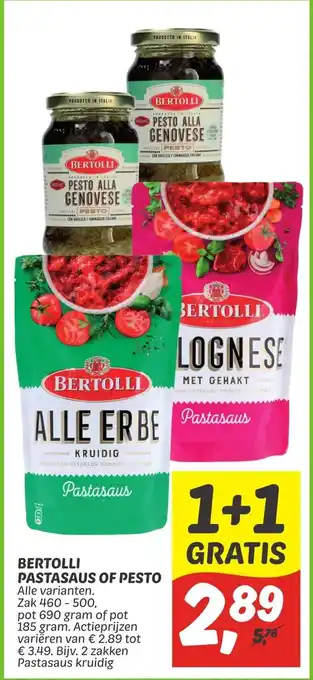 Dekamarkt Bertolli pastasaus of pesto 460-500g 1+1 gratis aanbieding