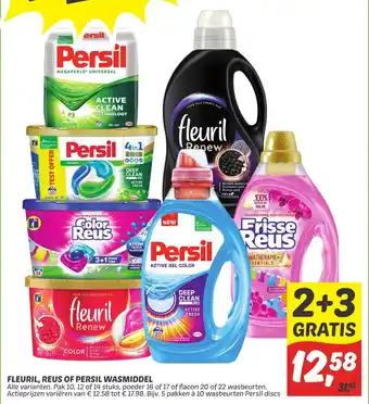 Dekamarkt Fleuril, reus of persil wasmiddel 2+3 gratis aanbieding