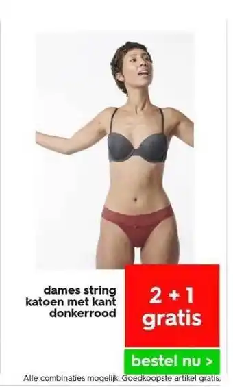 HEMA Dames string katoen met kant donkerrood aanbieding