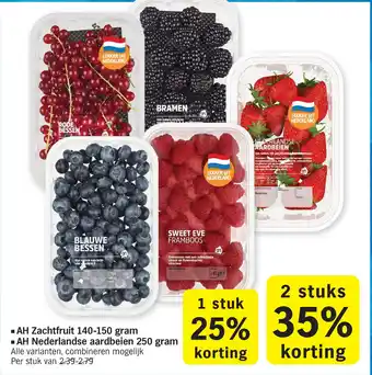 Albert Heijn AH Zachtfruit 140-150 gram, AH Nederlandse aardbeien 250 gram aanbieding