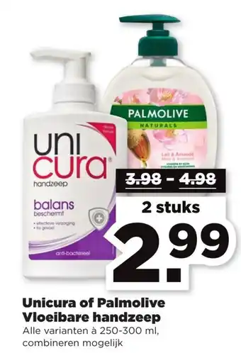 PLUS Unicura of Palmolive Vloeibare handzeep 2 st aanbieding