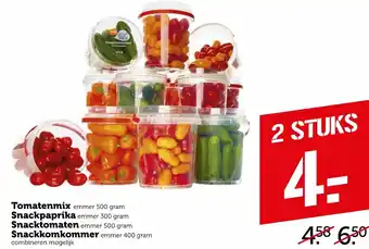 Coop Tomatenmix 500g, Snackpaprika 300g, Snacktomaten 500g, Snackkomkommer 400g aanbieding