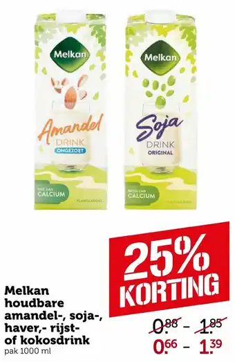 Coop Melkan houdbare amandel-, soja-, haver,- rijst- of kokosdrink 1000ml aanbieding