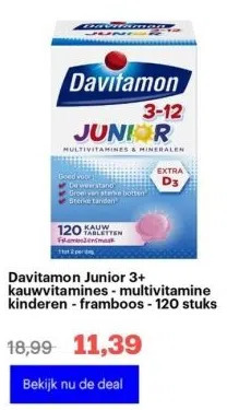 Bol.com Davitamon junior 3+ kauwvitamines - multivitamine kinderen - framboos - 120 stuks aanbieding