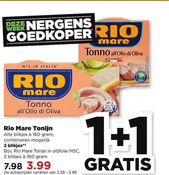 PLUS Rio Mare Tonijn 1+1 Gratis aanbieding