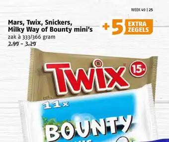 Poiesz Mars, twix, snickers, milky way of bounty mini's aanbieding