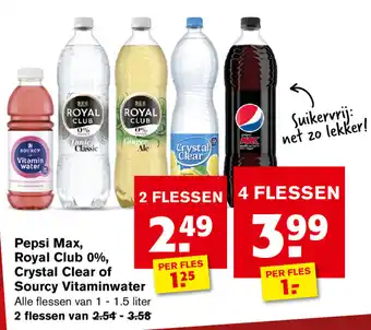 Hoogvliet Pepsi Max, Royal Club 0%, Crystal Clear of Sourcy Vitaminwater 1.5 liter aanbieding