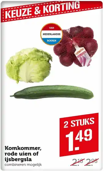 Coop Komkommer, rode uien of ijsbergsla 2 stuks aanbieding