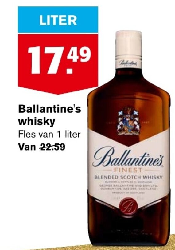 Ballantine's whisky 1 liter aanbieding bij Hoogvliet