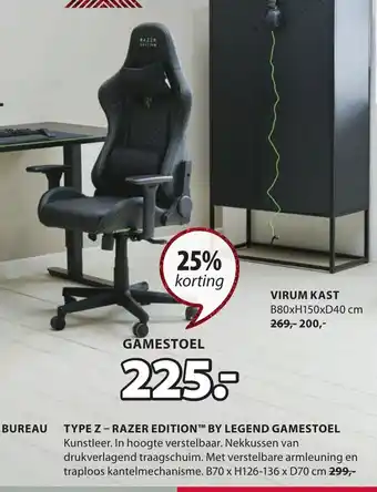 Jysk Type Z- Razer edition by legend gamestoel B70 x H126-136 x D70 cm aanbieding