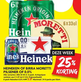 Dekamarkt Heineken of birra moretti pilsener of 0.0% aanbieding