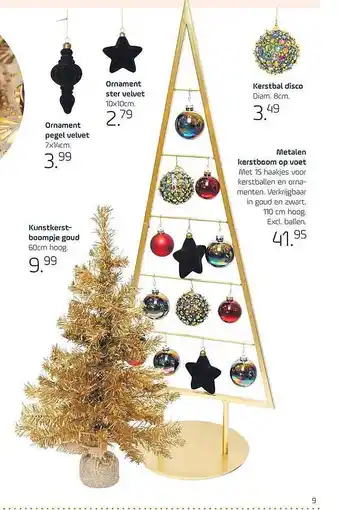 Coppelmans Kunstkerstboompje goud, ornament pegel velvet, ornament ster velvet, kerstbal disco of metalen kerstboom op voet aanbieding