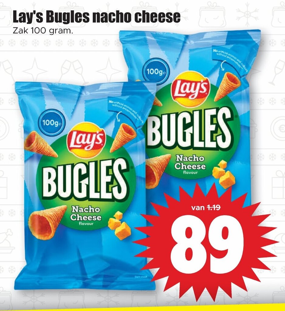 Lay's Bugles Nacho Cheese 100 gram aanbieding bij Dirk
