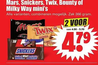 Dirk Mars, Snickers, Twix, Bounty Of Milky Way Mini's 366 Gram aanbieding