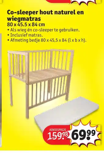 Kruidvat Co-sleeper hout naturel en wiegmatras 80 x 45.5 x 84 cm aanbieding