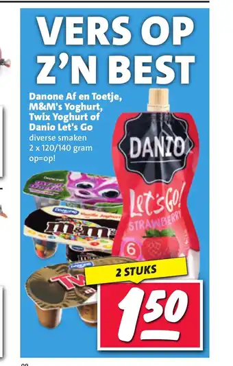 Nettorama Danone Af en Toetje, M&M's Yoghurt, Twix Yoghurt of Danio Let's Go 2 x 120/140 gram aanbieding