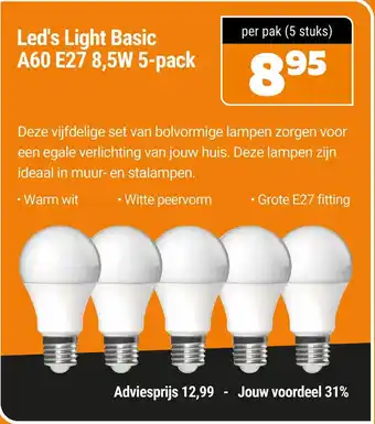 De voordeelmarkt Led's light basic a60 e27 8,5w 5-pack aanbieding