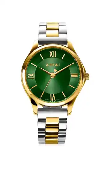 Zinzi Zinzi classy mini horloge 30mm groene wijzerplaat goudkleurige stalen kast en bicolor band ziw1235 aanbieding