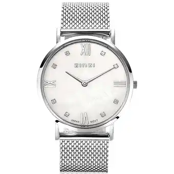 Zinzi Zinzi roman horloge witte parelmoer wijzerplaat, witte zirconia's bij uuraanduiding, stalen mesh band 34mm extra dun ziw521m aanbieding