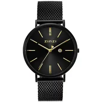 Zinzi Zinzi retro horloge 38mm zwarte wijzerplaat, goudkleurige wijzers, zwarte stalen kast, zwarte stalen mesh band extra dun ziw4 aanbieding