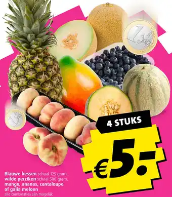 Boni Blauwe bessen, wilde perziken, mango, ananas, cantaloupe of galia meloen aanbieding