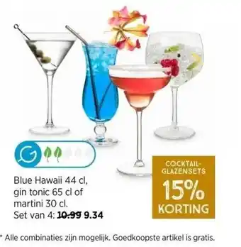 Xenos Blue hawaii 44 cl, gin tonic 65 cl of martini 30 cl. aanbieding