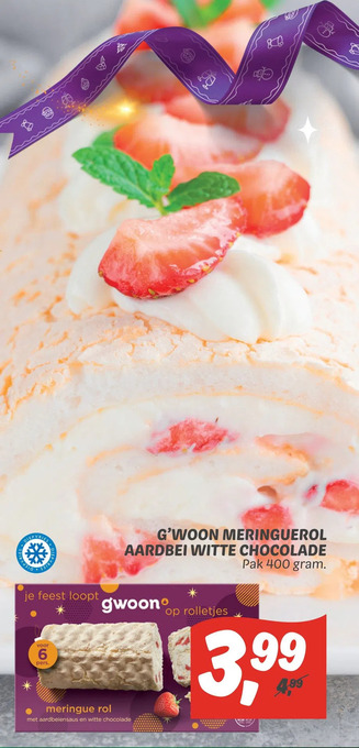 Dekamarkt G'woon meringuerol aardbei witte chocolade aanbieding