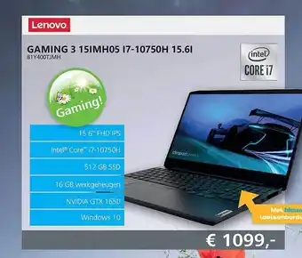 Informatique Lenovo Gaming 3 15imh05 I7-10750h 15.6I aanbieding