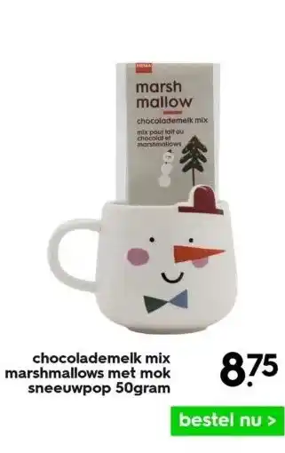 HEMA Chocolademelk mix marshmallows met mok sneeuwpop 50gram aanbieding