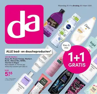 DA Dove, FA, Fenjal, Kneipp, Marbert, N.A.E., Nature Box, Nivea, Therme En Vogue 1+1 gratis 200 ml aanbieding