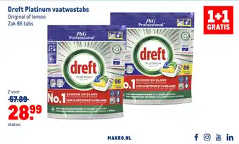 Makro Dreft Platinum vaatwastabs 1+1 Gratis aanbieding