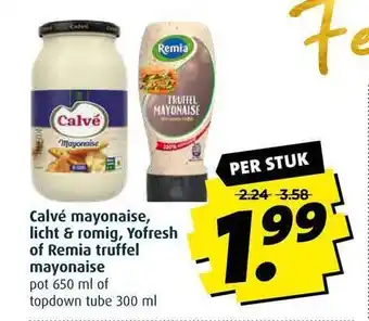 Boni Calvé mayonaise licht & romig yofresh of remia truffel mayonaise pot of topdown tube aanbieding