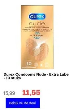 Bol.com Durex condooms nude - extra lube - 10 stuks aanbieding