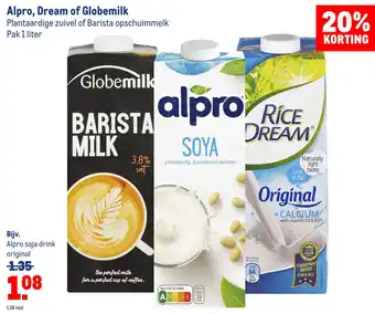 Makro Alpro, dream of globemilk plantaardige zuivel of barista opschuimmelk aanbieding