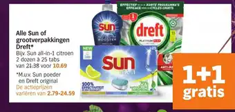 Albert Heijn Alle sun of grootverpakkingen dreft 1+1 gratis aanbieding