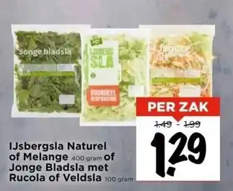 Vomar Voordeelmarkt Ijsbergsla naturel of melange 400 gram of jonge bladsla met rucola of veldsla 100 gram aanbieding